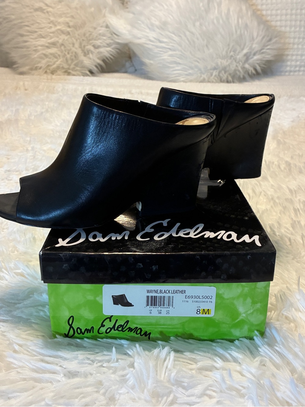 Sam Edelman Black Leather Open-Back/Peep-Toe Mules